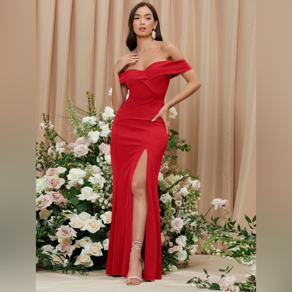 WOMENS RED SLIT OFF THE SHOULDER DRESS - Picture 3 of 4